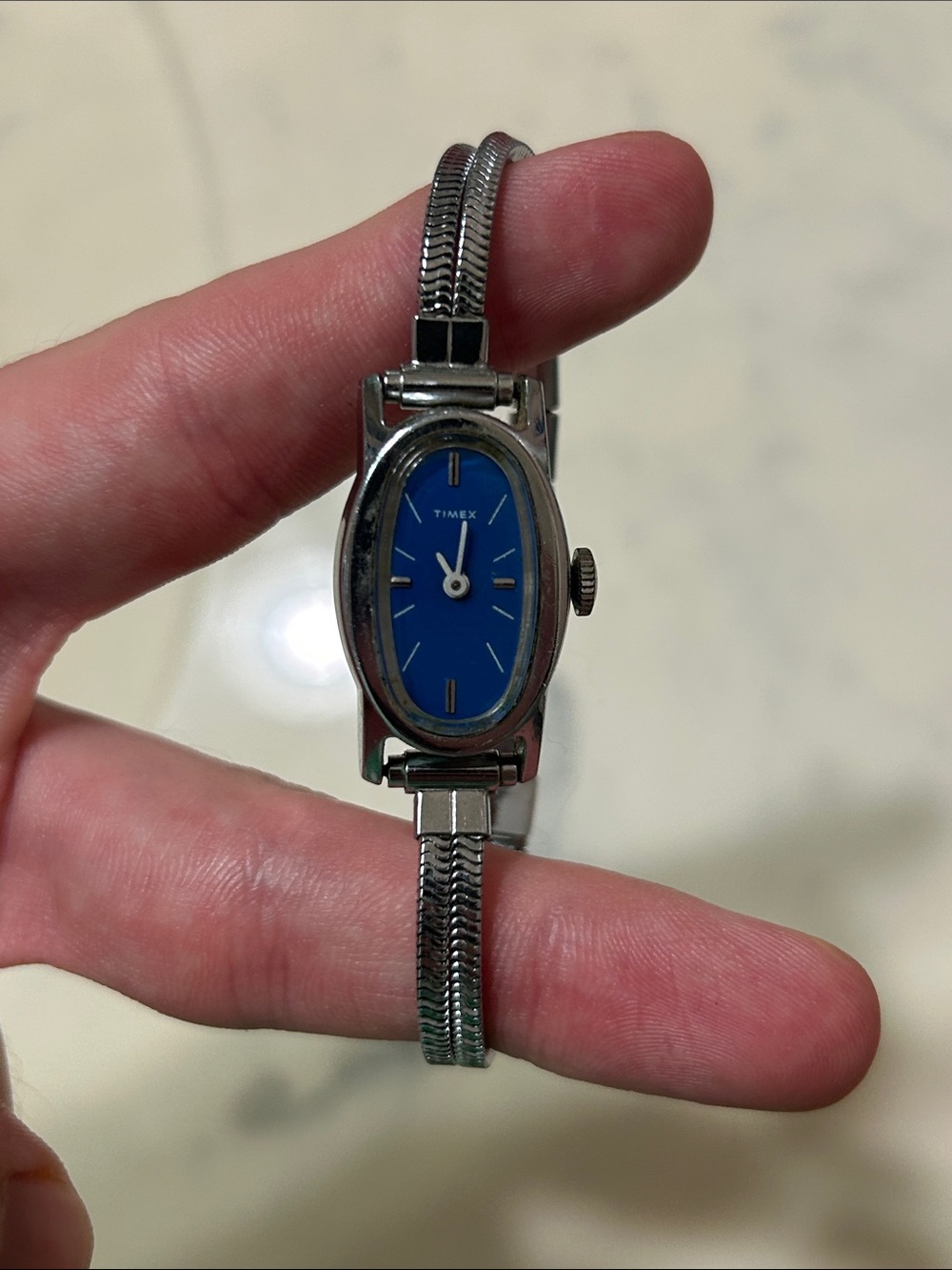 Timex Silver-Tone Watch with Blue Oval Dial